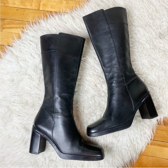 Tommy Hilfiger Shoes - VINTAGE Y2K TOMMY HILFIGER Tall Black Leather Zip Up Boots Square Toe Chunky 9